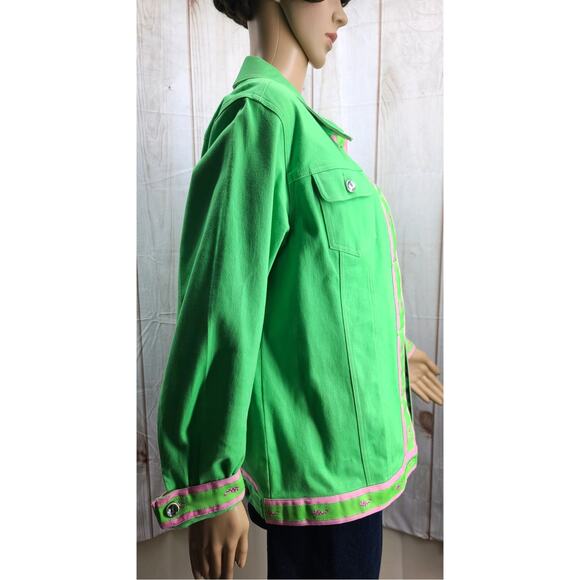 QUACKER FACTORY Women's M-L Lime Green Jean Jacket Rhinestones Pink Accents - Picture 3 of 10